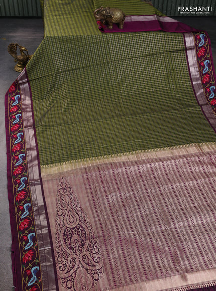 Art tussar silk saree sap green and purple with allover zari ckecked pattern and zari woven embroidery work border
