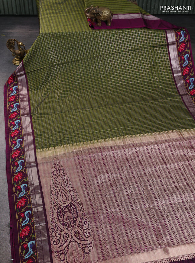 Tussar silk saree sap green and purple with allover zari ckecked pattern and zari woven embroidery work border
