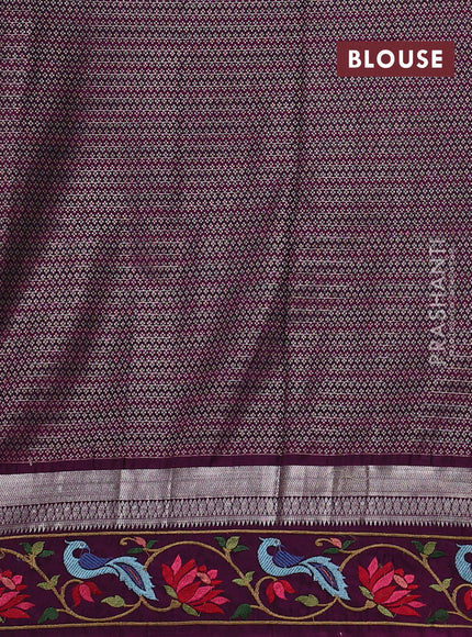 Art tussar silk saree sap green and purple with allover zari ckecked pattern and zari woven embroidery work border