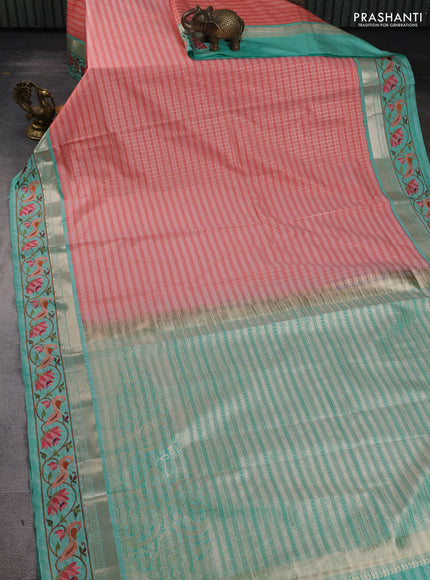 Art tussar silk saree peach shade and teal green with allover zari ckecked pattern and zari woven embroidery work border