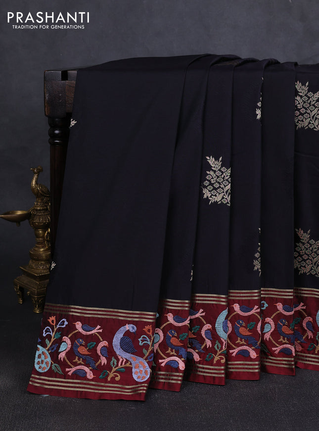 Silk saree black and maroon with zari woven buttas and zari woven embroidery work border