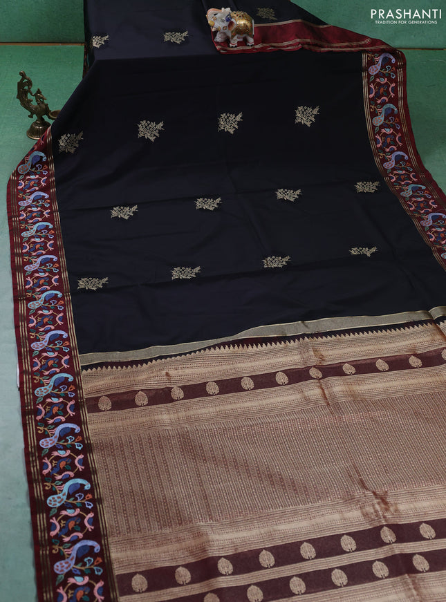 Silk saree black and maroon with zari woven buttas and zari woven embroidery work border