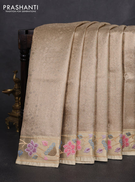 Art tissue silk sare sandal and beige with allover brocade weaves and embroidery work border