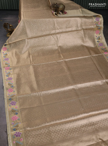 Art tissue silk sare sandal and beige with allover brocade weaves and embroidery work border