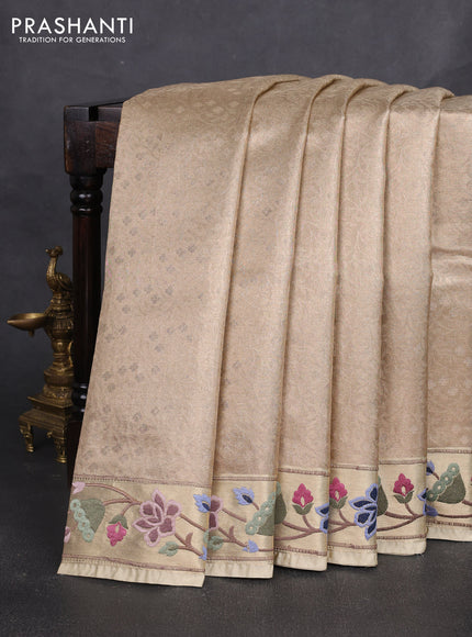 Art tissue silk sare sandal and green brown with allover brocade weaves and embroidery work border