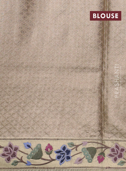 Art tissue silk sare sandal and green brown with allover brocade weaves and embroidery work border