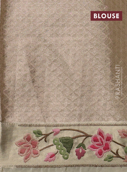 Art tissue silk sare sandal and light green brown with allover brocade weaves and embroidery work border