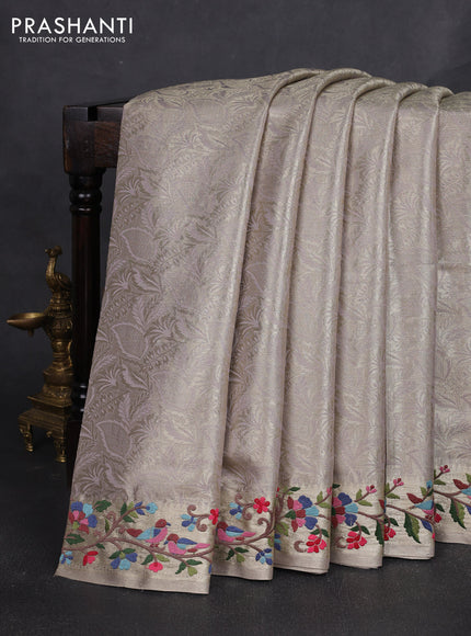 Art tissue silk sare gold beige with allover brocade weaves and embroidery work border