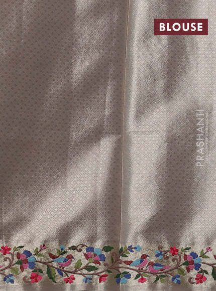 Art tissue silk sare gold beige with allover brocade weaves and embroidery work border
