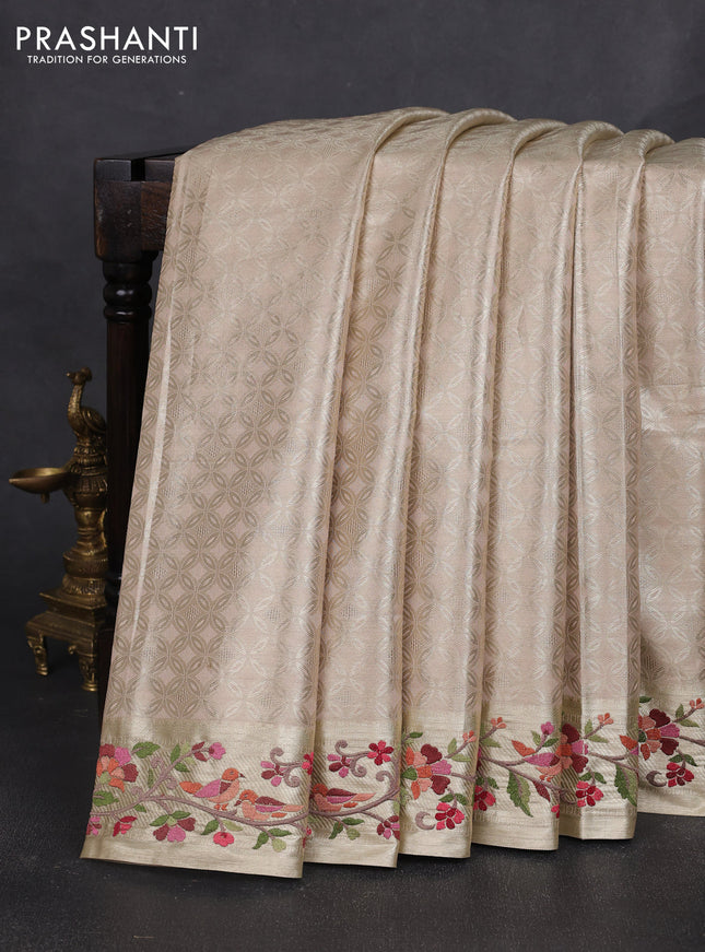 Tissue silk sare beige and sandal with allover brocade weaves and embroidery work border