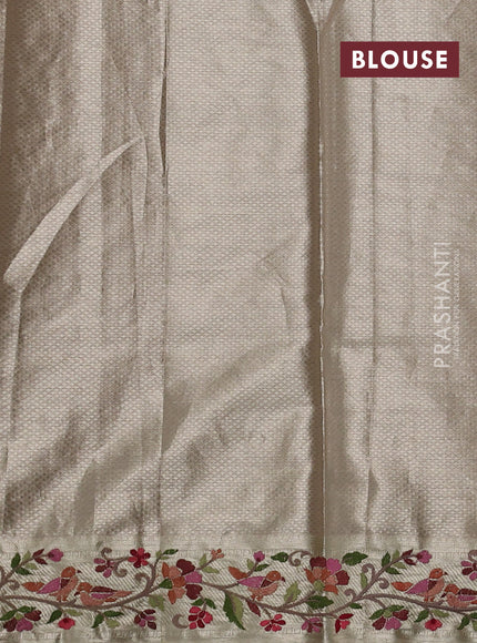 Art tissue silk sare beige and sandal with allover brocade weaves and embroidery work border