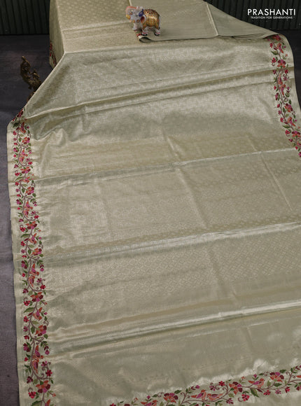 Art tissue silk sare beige with allover brocade weaves and embroidery work border
