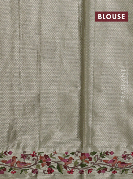 Art tissue silk sare beige with allover brocade weaves and embroidery work border