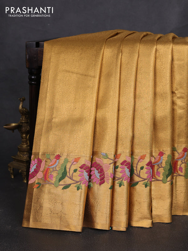 Art tissue silk sare gold with allover brocade weaves and embroidery work border