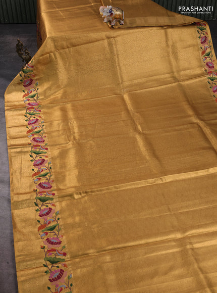 Art tissue silk sare gold with allover brocade weaves and embroidery work border