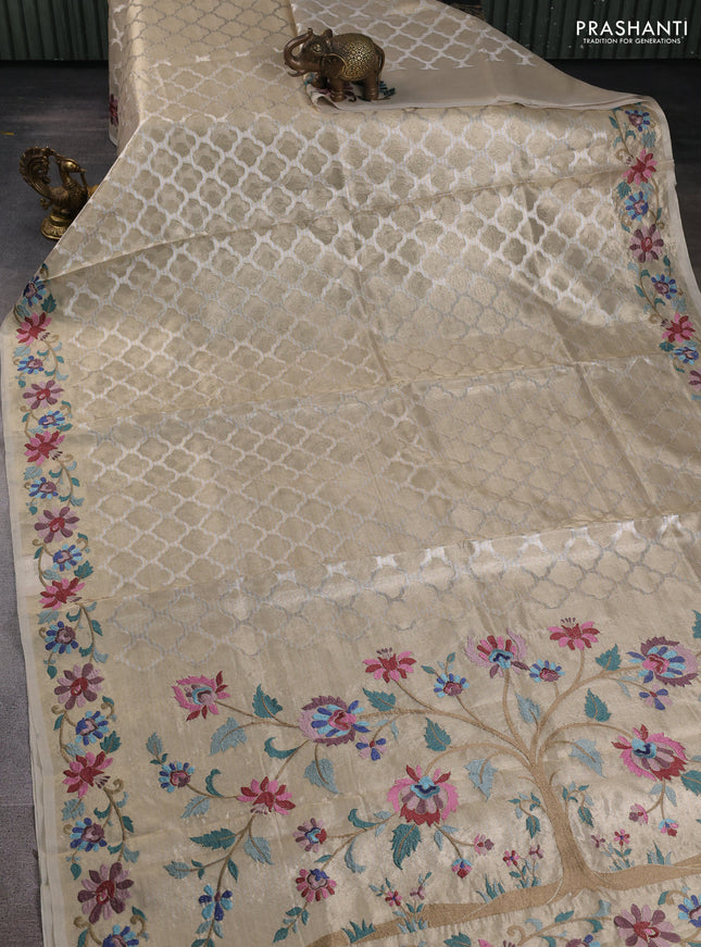 Tissue silk sare pastel grey with allover brocade weaves and embroidery work border