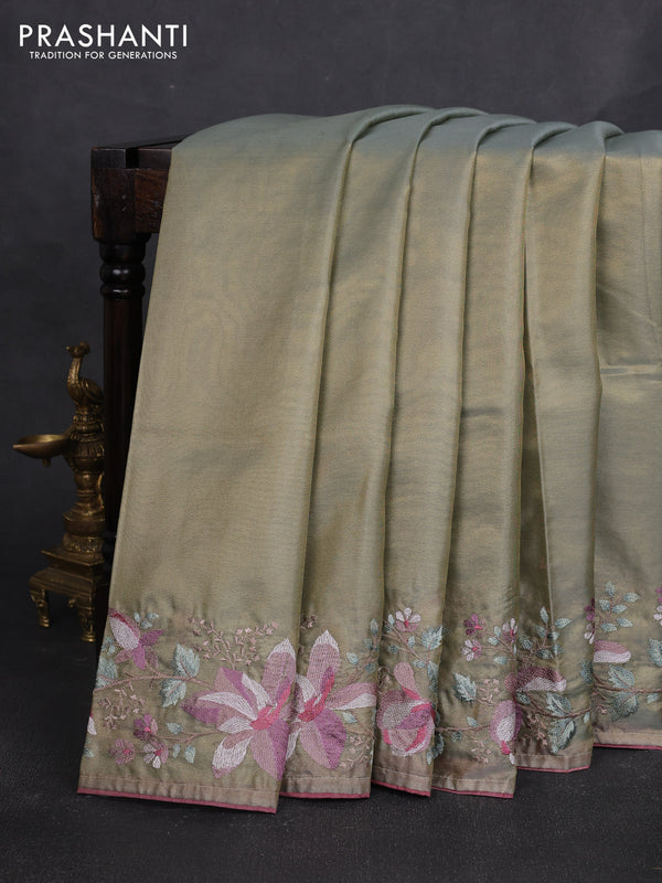 Art tissue silk sare pastel green and rosy brown with plain body and embroidery work border