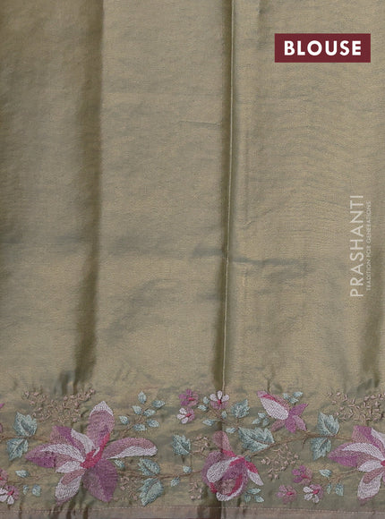 Art tissue silk sare pastel green and rosy brown with plain body and embroidery work border