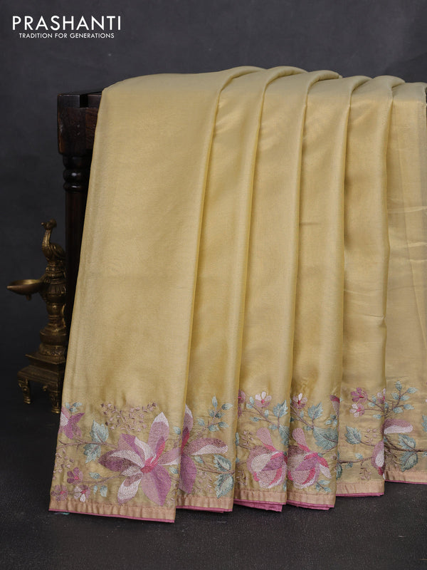 Art tissue silk sare gold and rosy brown with plain body and embroidery work border
