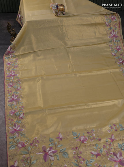 Art tissue silk sare gold and rosy brown with plain body and embroidery work border