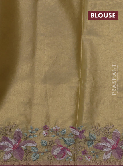 Art tissue silk sare gold and rosy brown with plain body and embroidery work border