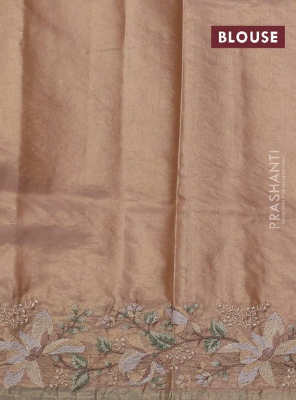 Art tissue silk sare golden peach and pastel green with plain body and embroidery work border