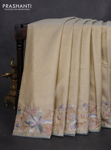 Art tissue silk sare beige and grey with plain body and embroidery work border