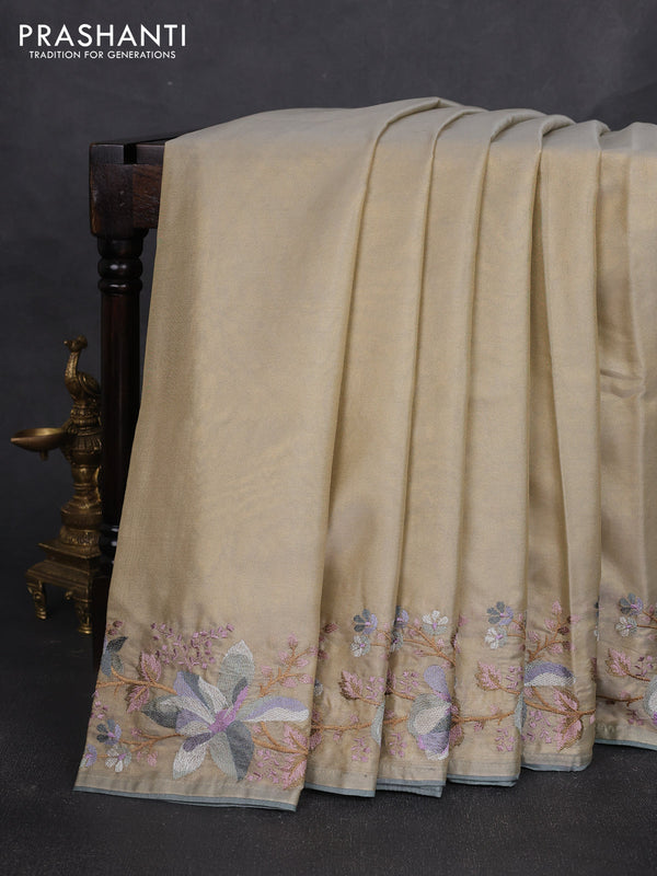 Art tissue silk sare beige and grey with plain body and embroidery work border