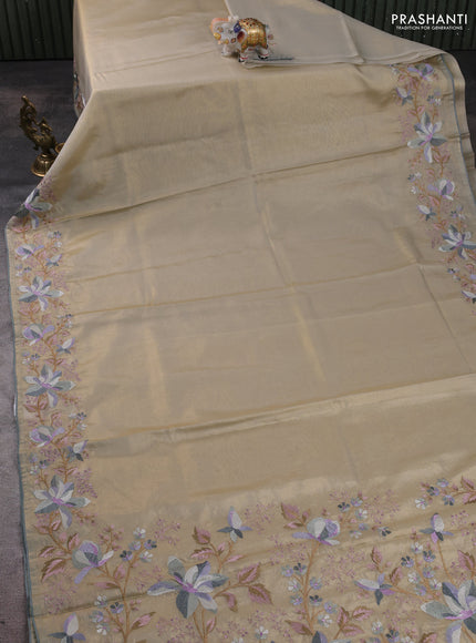 Art tissue silk sare beige and grey with plain body and embroidery work border