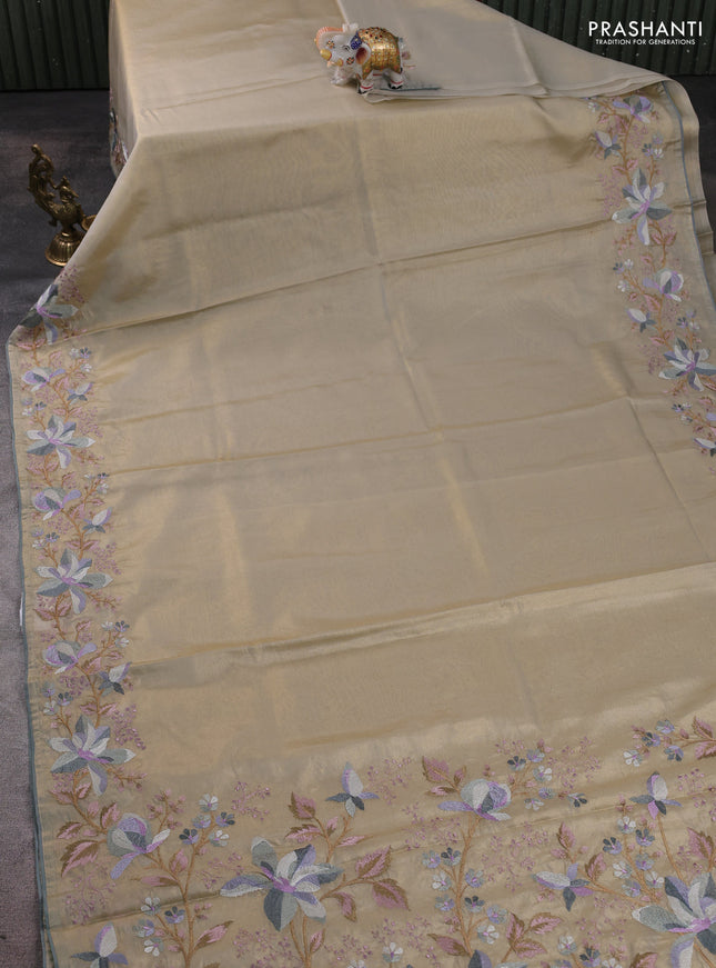 Tissue silk sare beige and grey with plain body and embroidery work border