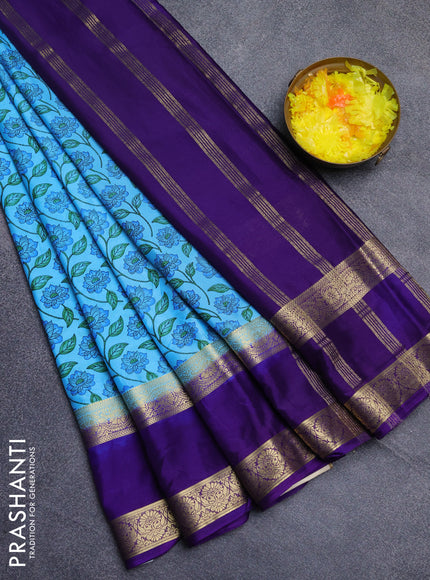 Semi mysore silk saree light blue and violet with allover floral prints and long rettapet zari woven border