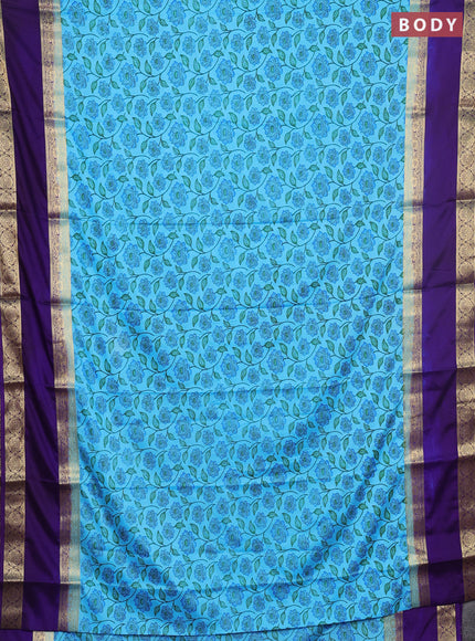 Semi mysore silk saree light blue and violet with allover floral prints and long rettapet zari woven border