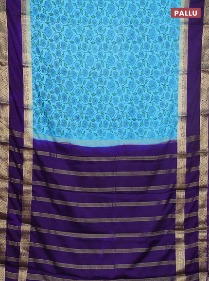 Semi mysore silk saree light blue and violet with allover floral prints and long rettapet zari woven border