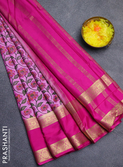 Semi mysore silk saree lotus pink and pink with allover floral prints and long rettapet zari woven border