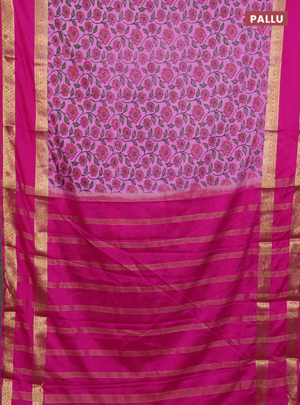 Semi mysore silk saree lotus pink and pink with allover floral prints and long rettapet zari woven border