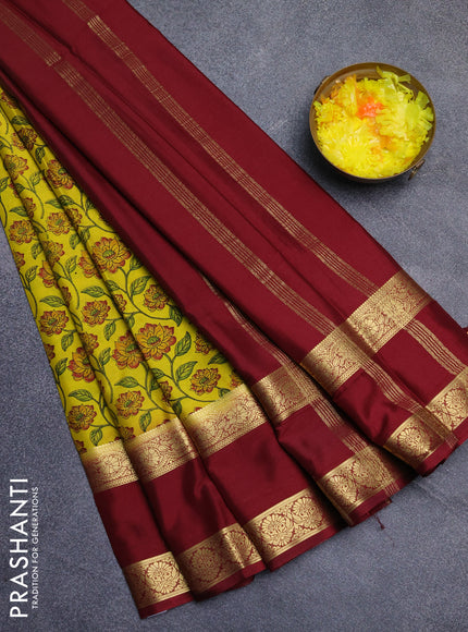 Semi mysore silk saree green and maroon with allover floral prints and long rettapet zari woven border