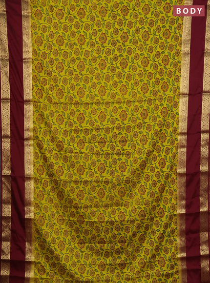 Semi mysore silk saree green and maroon with allover floral prints and long rettapet zari woven border