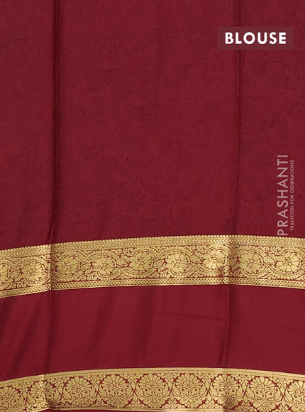 Semi mysore silk saree green and maroon with allover floral prints and long rettapet zari woven border