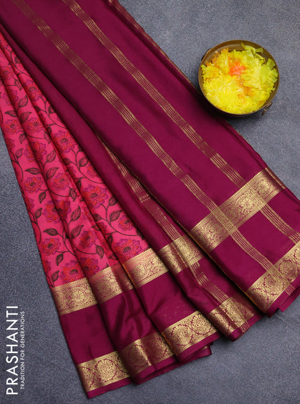 Semi mysore silk saree peach pink and maroon with allover floral prints and long rettapet zari woven border