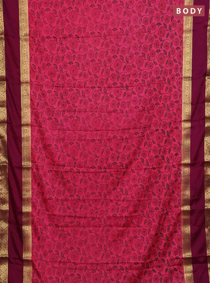 Semi mysore silk saree peach pink and maroon with allover floral prints and long rettapet zari woven border