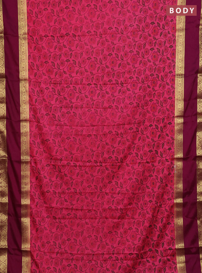 Semi mysore silk saree peach pink and maroon with allover floral prints and long rettapet zari woven border