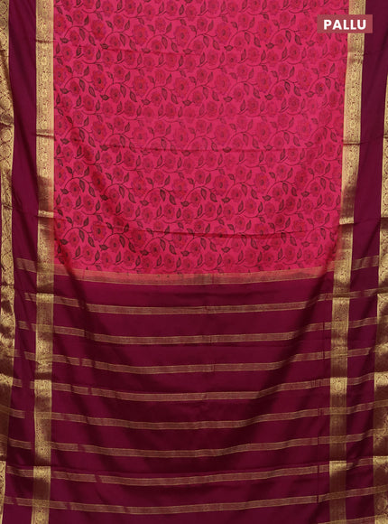 Semi mysore silk saree peach pink and maroon with allover floral prints and long rettapet zari woven border