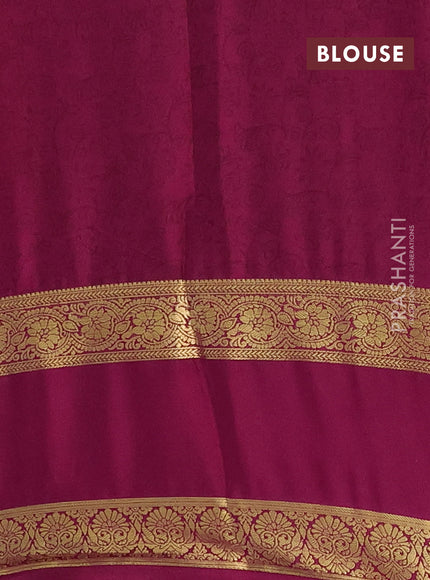 Semi mysore silk saree peach pink and maroon with allover floral prints and long rettapet zari woven border