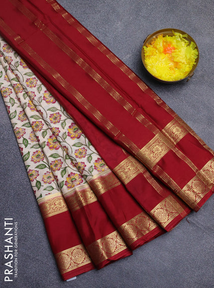 Semi mysore silk saree cream and maroon with allover floral prints and long rettapet zari woven border