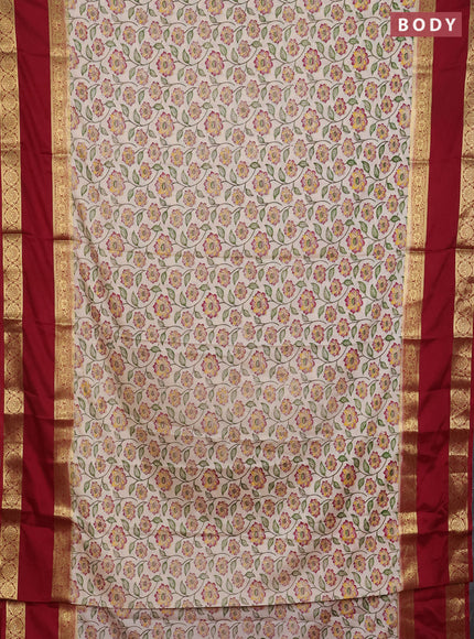 Semi mysore silk saree cream and maroon with allover floral prints and long rettapet zari woven border