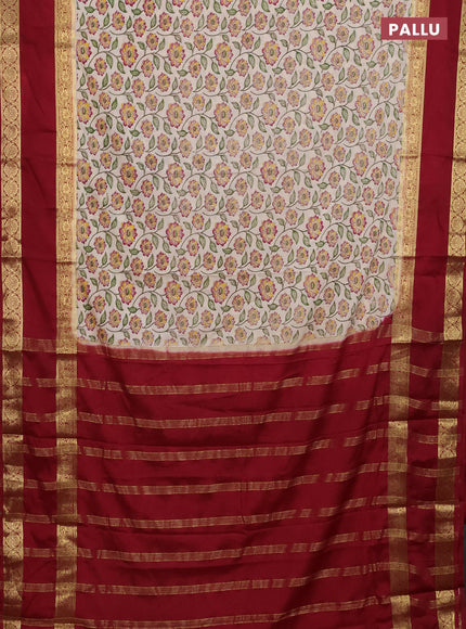 Semi mysore silk saree cream and maroon with allover floral prints and long rettapet zari woven border