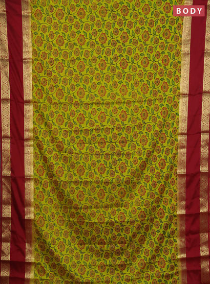 Semi mysore silk saree lime green and maroon with allover floral prints and long rettapet zari woven border