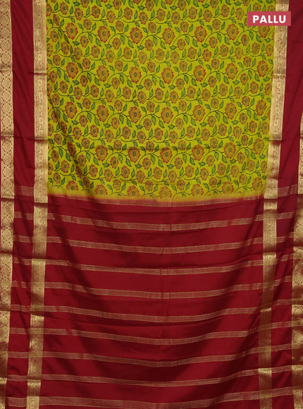 Semi mysore silk saree lime green and maroon with allover floral prints and long rettapet zari woven border