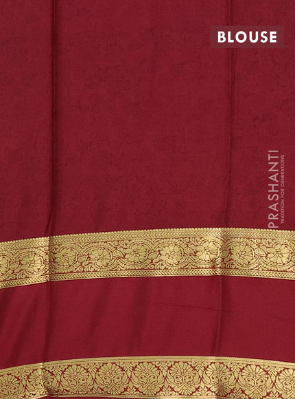 Semi mysore silk saree lime green and maroon with allover floral prints and long rettapet zari woven border