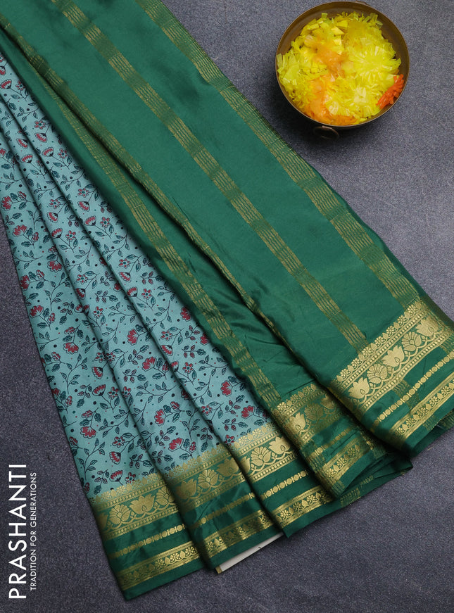 Semi mysore silk saree pastel green and green with allover floral prints and zari woven border